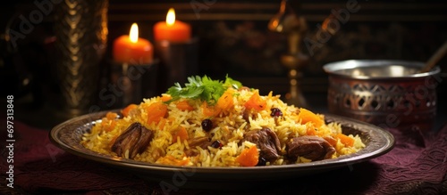 Ramadan s traditional food  Pilaf plov  a spiced rice dish with meat  and halal meals for Eid al-Fitr table setting.