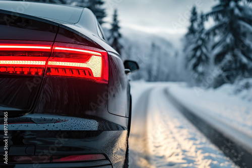 Closeup taillights with red light of modern black car on country road in winter day photo
