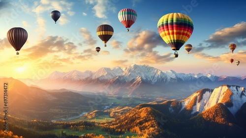 A picture of hot air balloons flying high above a mountain valley. © Elchin Abilov