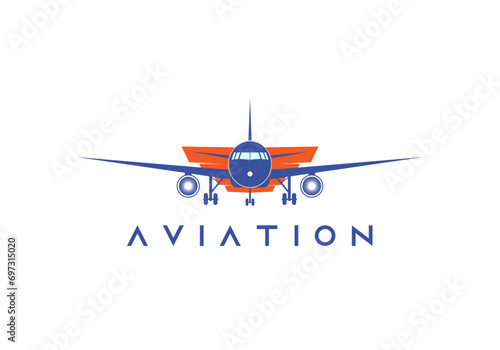 Air Plane Company Logo Design Vector. Airline Logo with a Plane and Orange Sunshine Rays. Aviation business Creative logo design Template. Aeroplane, Aircraft icon or sign or symbol for Travel Agency.