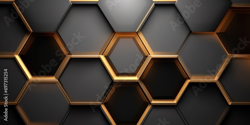 Black background with shiny black and gold Hexagonal shapes. generative AI