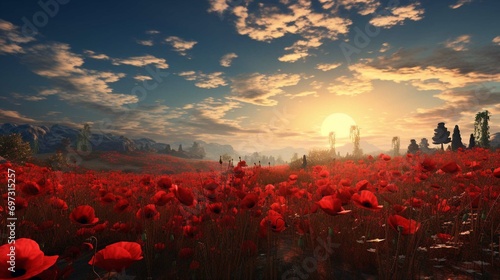 early morning red poppy field scene