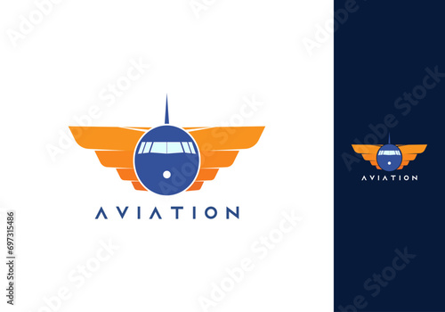 Air Plane Company Logo Design Vector. Airline Logo with a Plane and Orange Sunshine Rays. Aviation business Creative logo design Template. Aeroplane, Aircraft icon or sign or symbol for Travel Agency.