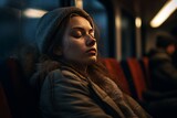 Portrait of a tired student girl sleeping on public transport, close-up. A woman who fell asleep at the window in a subway car