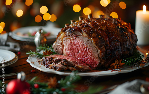 Festive Feast: Holiday Christmas Prime Rib Beef Roast on the Table photo