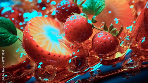 "A detailed shot of a shimmering fruit jelly, capturing its translucent beauty and the vibrant hues of embedded fruits, a refreshing sweet sensation." © Imran_Art