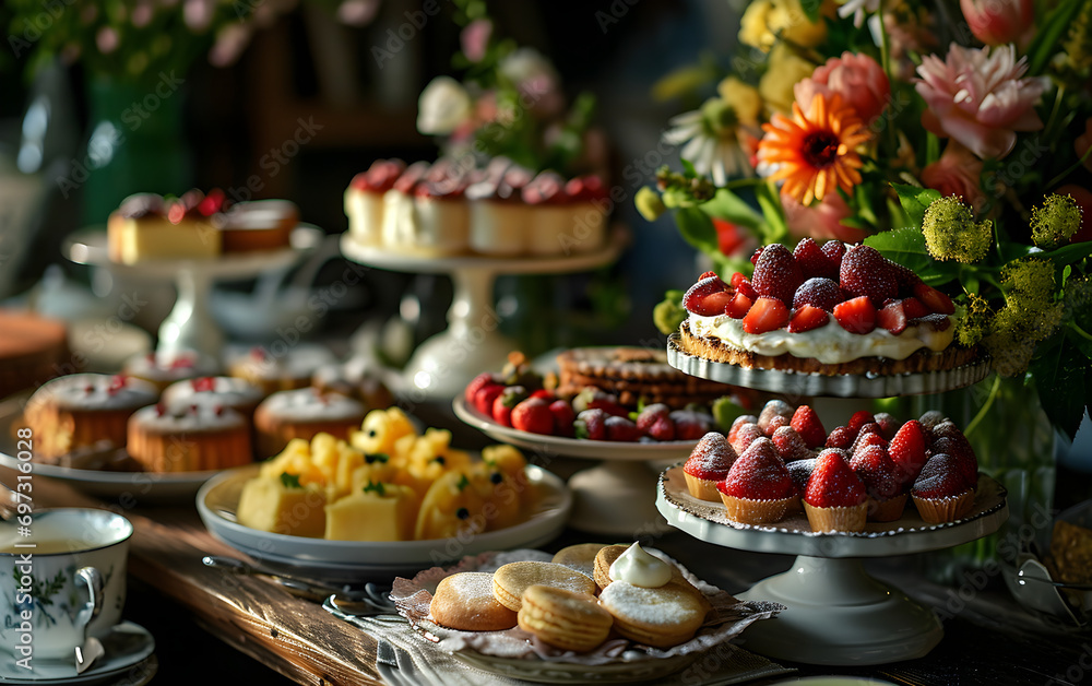 Sunlit Sweets: Spring or Summer Dessert Table Featuring a Three-Tiered Tray