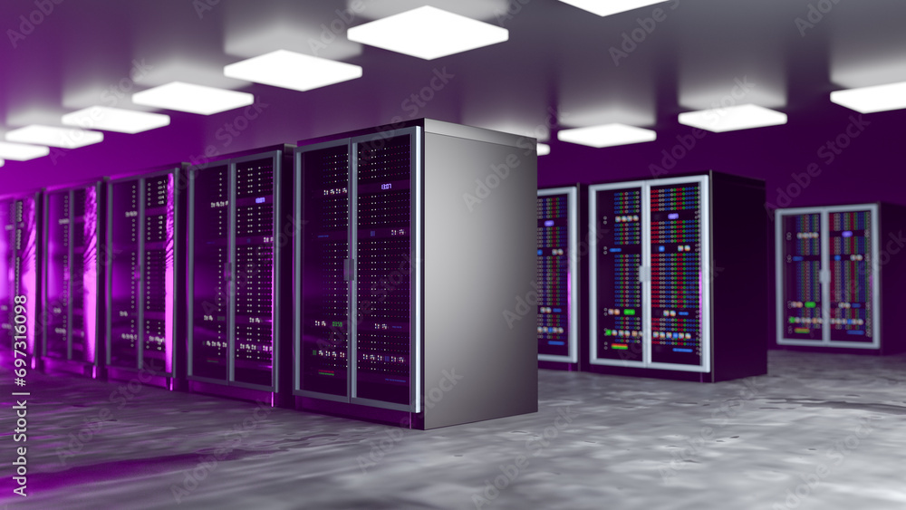 Server room. Server data center. Backup, mining, hosting, mainframe, farm and computer rack with storage information. 3d rendering Server room. Server data center. Backup, mining, hosting, mainframe, farm and computer rack with storage information. 3d rendering