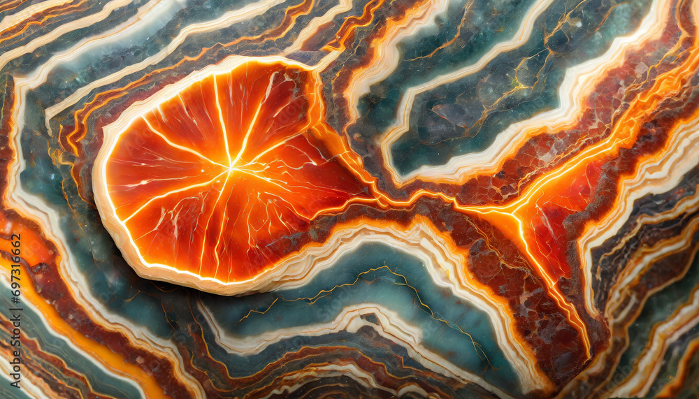 Naklejka premium Jaspis, piękny kamień szlachetny, o pomarańczowej barwie i ciekawej strukturze, tekstura kafelkowa, tło, generative ai