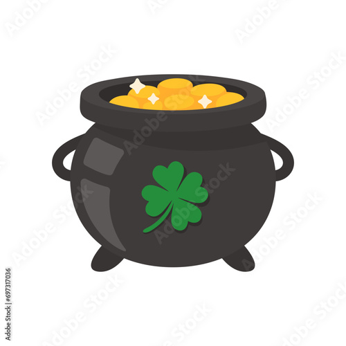 The green pot is full of gold coins. with good luck clover on st patrick festival
