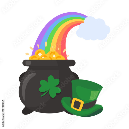 A cloud that shoots a rainbow on a pot full of gold coins with the clover symbol of good luck on st patrick's festival