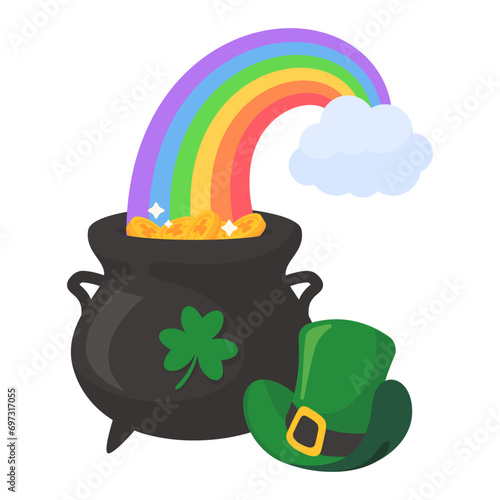 A cloud that shoots a rainbow on a pot full of gold coins with the clover symbol of good luck on st patrick's festival