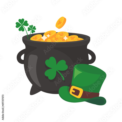 The green pot is full of gold coins. with good luck clover on st patrick festival