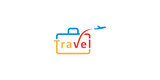 Vacation Plane Design Template. Holiday Logo Design With Suitcase And Plane Icon In Line Style Design
