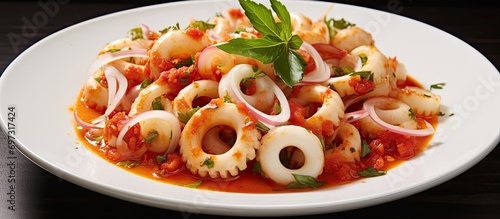 Originating from Naples  Italy  Calamarata is a type of Italian pasta made with thick ring pasta  calamari or squid  and tomato sauce.