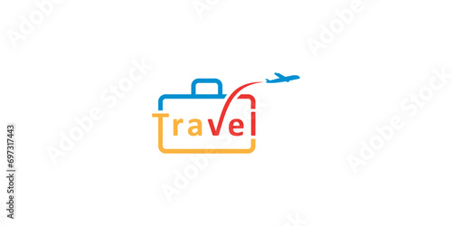 Vacation Plane Design Template. Holiday Logo Design With Suitcase And Plane Icon In Line Style Design photo