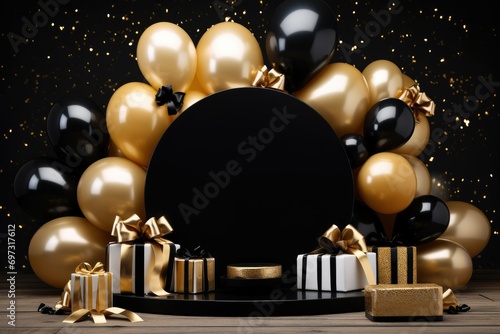 Birthday frame with golden and black balloons and confetti, Blank frame on golden balloons and golden confetti with black background , AI Generated