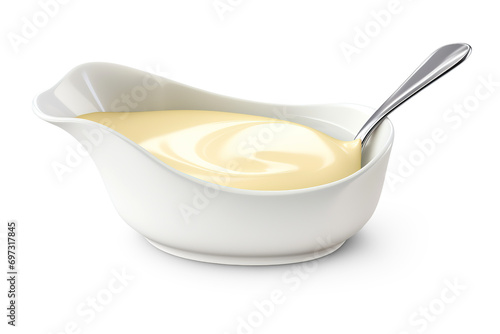 White sauceboat with condensed milk and spoon. Cut out on transparent photo