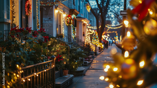 Festive Holiday Street Decorations, Twinkling Lights, Christmas Wreaths, Evening Stroll, Neighborhood Celebration, Seasonal Ambiance.