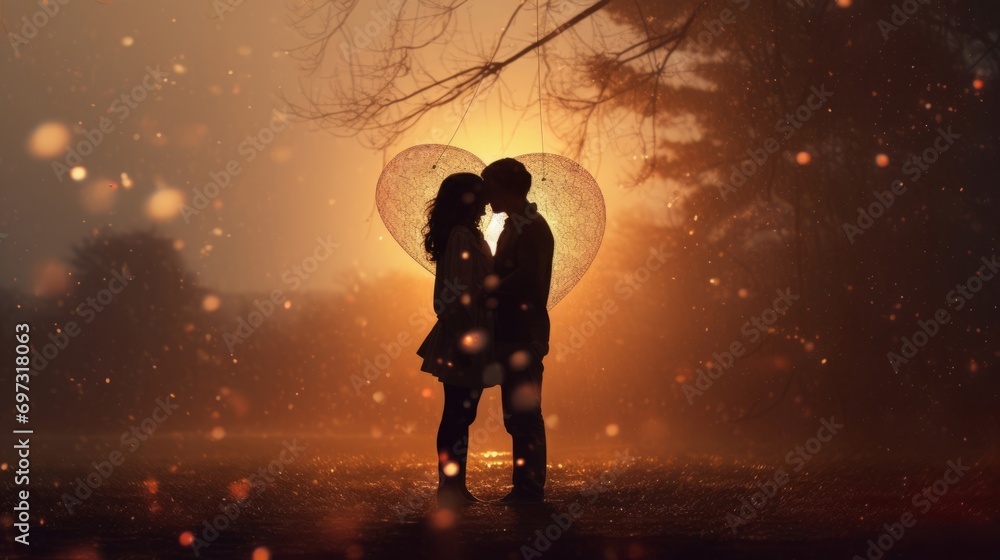 A romantic silhouette of a couple standing and kissing, summer sunset with a beautiful bokeh from raindrops.