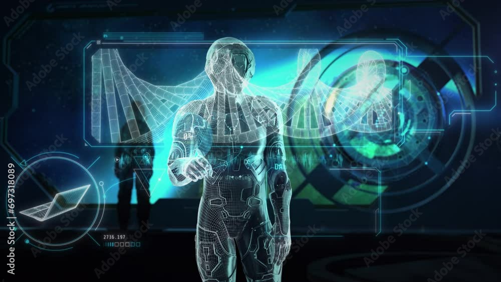 An astronaut conducts DNA research in space. 3D render An astronaut conducts DNA research in space. 3D render