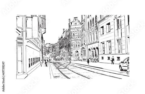 Building view with landmark of Brno Czech Republic. Hand drawn sketch illustration in vector.