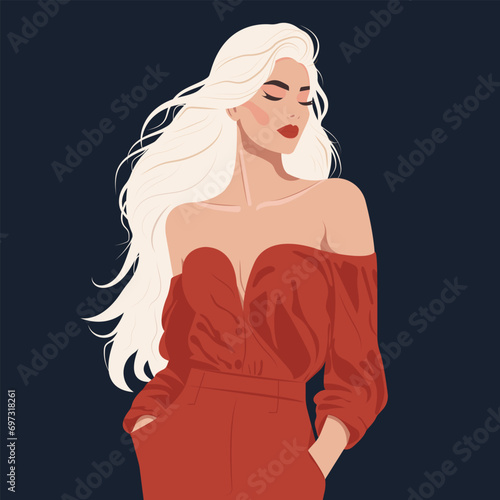 Vector flat fashion illustration, young blonde woman with long hair in a stylish red jumpsuit with bare shoulders.
