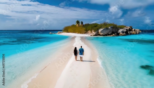 Fototapeta Naklejka Na Ścianę i Meble -  Seaside Romance. Couple walking on a pristine beach towards the horizon on a sunny day