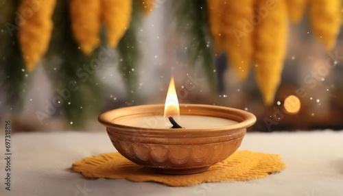 Candlelight Vigil. A lit candle in a clay bowl placed on a yellow cloth with soft focus background