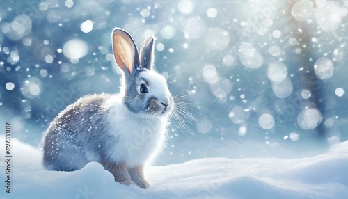 Snowy Rabbit Playtime. Rabbit hopping in the snow with a backdrop of soft winter bokeh