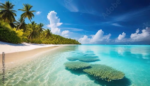 Tropical Reef Seashore. Clear blue sea with coral reef visible along the palm-lined tropical beach