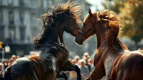 Fotografia Two horses on their hind legs fighting in the streets
