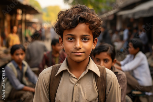 Portrait of tamil boy at busy indian or pakistan city street. Pakistani teenager looks at camera