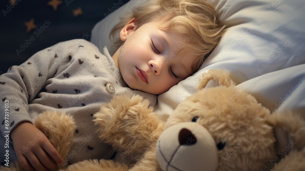 A little boy in pajamas sleeping next to a toy bear in bed. The problem of sleep in children. A favorite toy