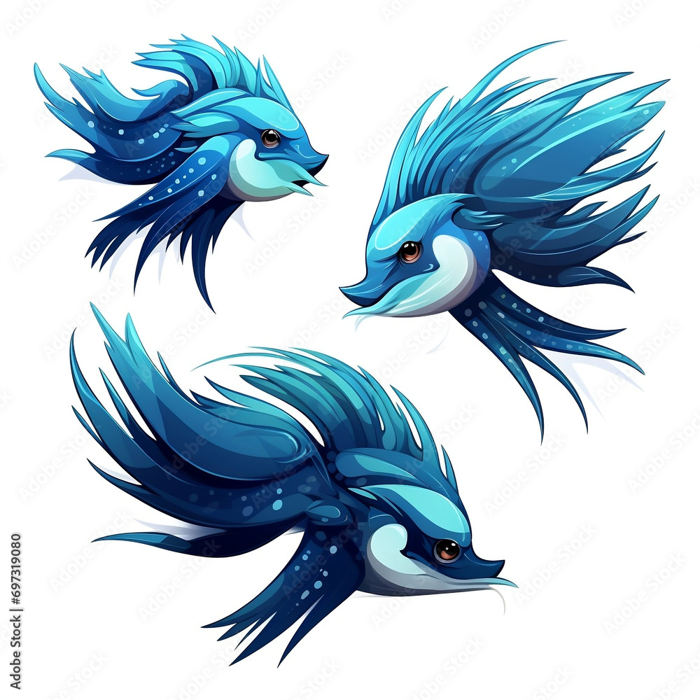 Fototapeta premium Zeichnung, abbildung, tier, cartoons, fliegende Fische, blau, dekor, kopf, tattoo, symbol, design, drawing, illustration, animal, cartoons, flying fish, blue, décor, head, tattoo, symbol, design