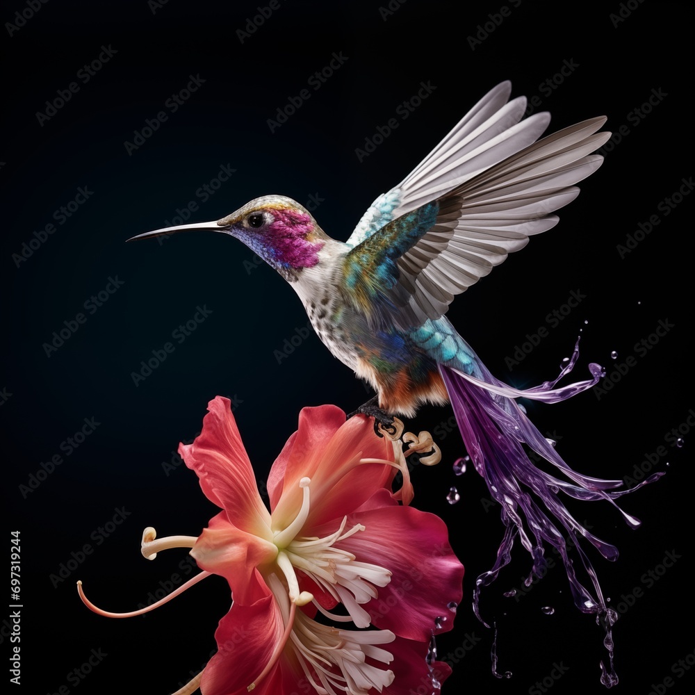 Fototapeta premium A bright hummingbird near a blooming orchid ai generated