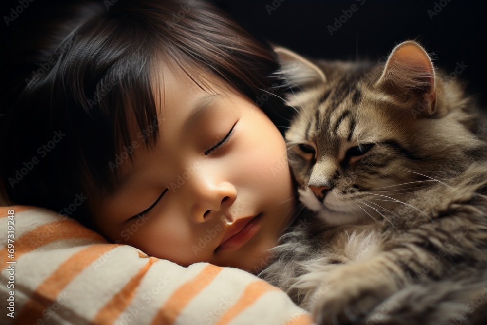 A small Asian boy sleeping next to a red kitten in bed, close-up. Living together with pets. Love for pets A small Asian boy sleeping next to a red kitten in bed, close-up. Living together with pets. Love for pets