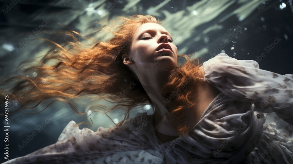 Ethereal Woman with Flowing Red Hair Submerged in Water Amidst Bubble Ethereal Woman with Flowing Red Hair Submerged in Water Amidst Bubble