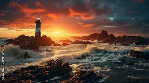 Vibrant Sunset Over Rocky Shores with Lighthouse Amidst Crashing Waves