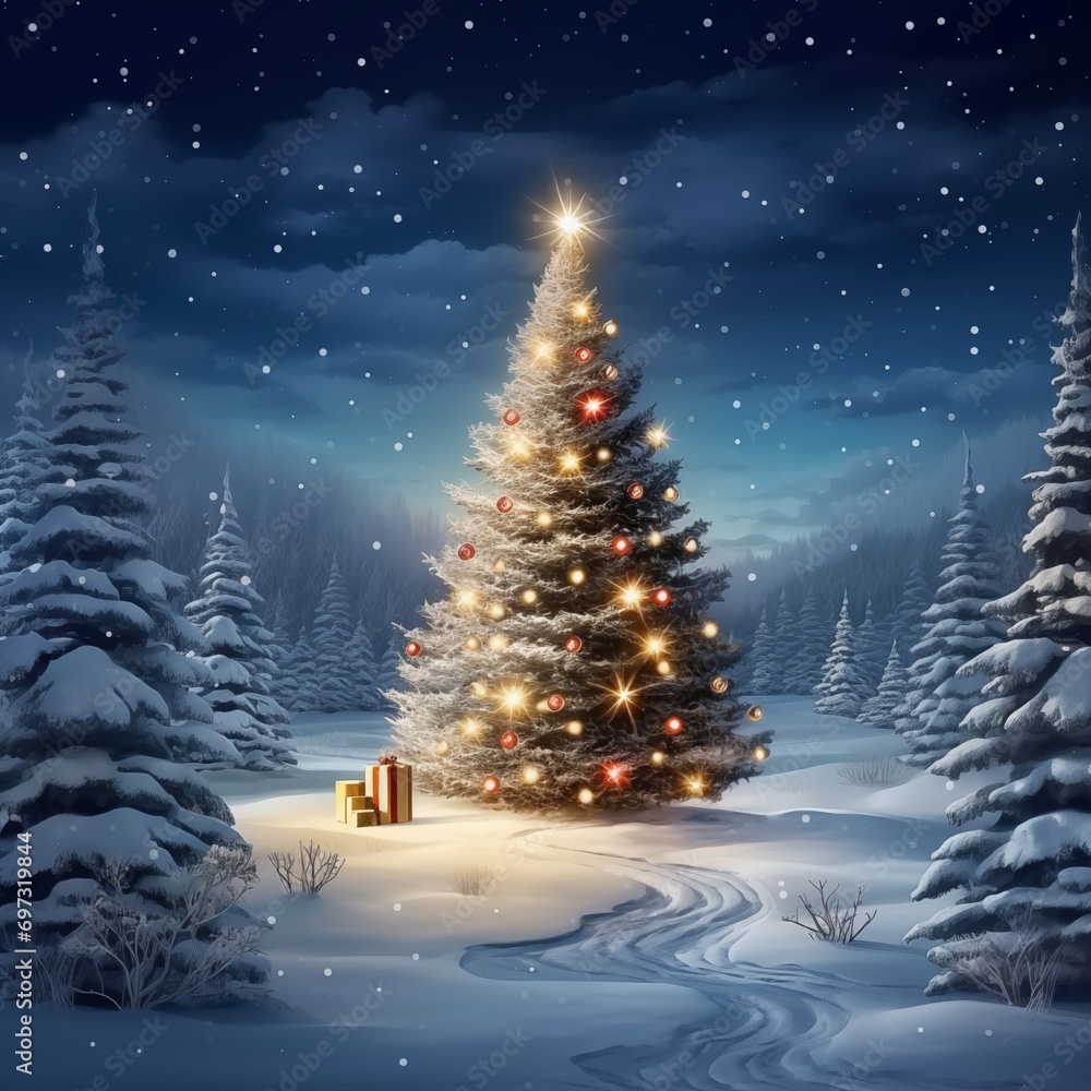 christmas fir tree in snowy winter ai generated