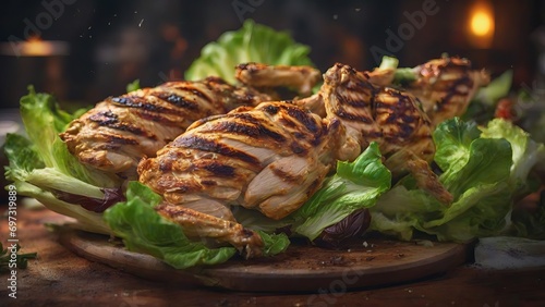 Grilled chicken with lettuce and herbs on a wooden platter