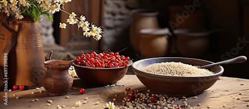 Healthy cereals and buckwheat seeds in a village kitchen, with dry groats and blossoms nearby. photo