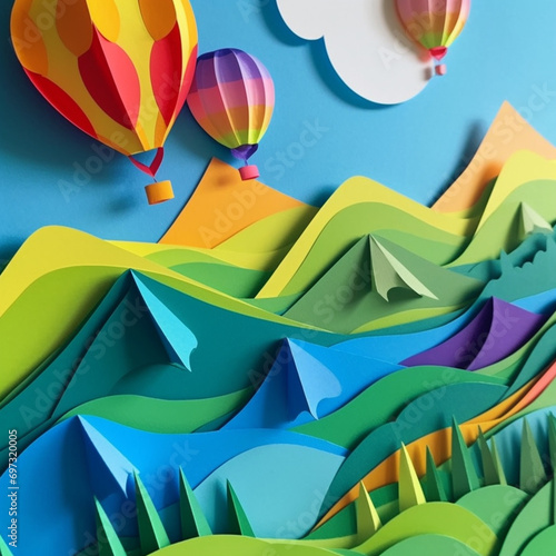 Generative AI illustrations, paper art style of balloons colorful color floating in air blue sky background.