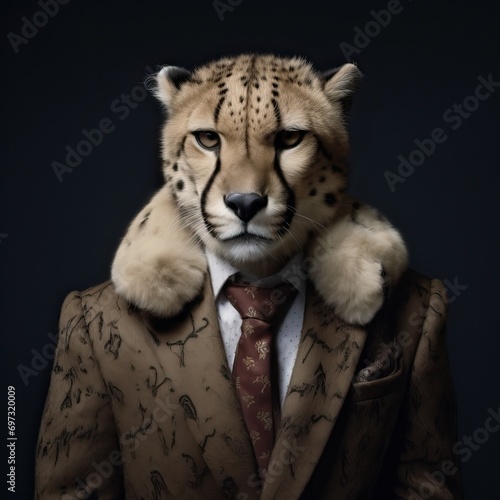cheetah in fur coat and suit with tie, in the style of surreal fashion photography, hyper-realistic portraits, shige's visual aesthetic style, hyper-realistic sculptures, realistic animal portraits, c photo
