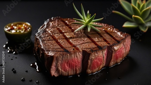 Medium Rare Grilled Steak with Rosemary and Sauce on Black Background
