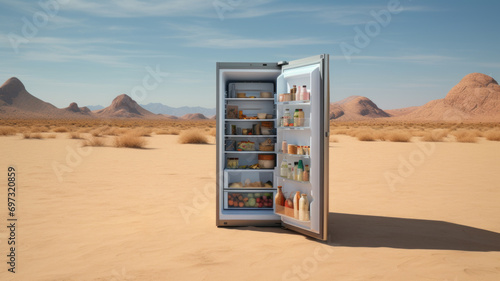 Open refrigerator with drinks and food in the desert photo