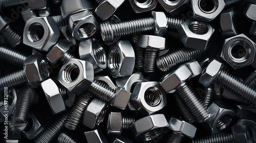background of many randomly scattered metal nuts photo