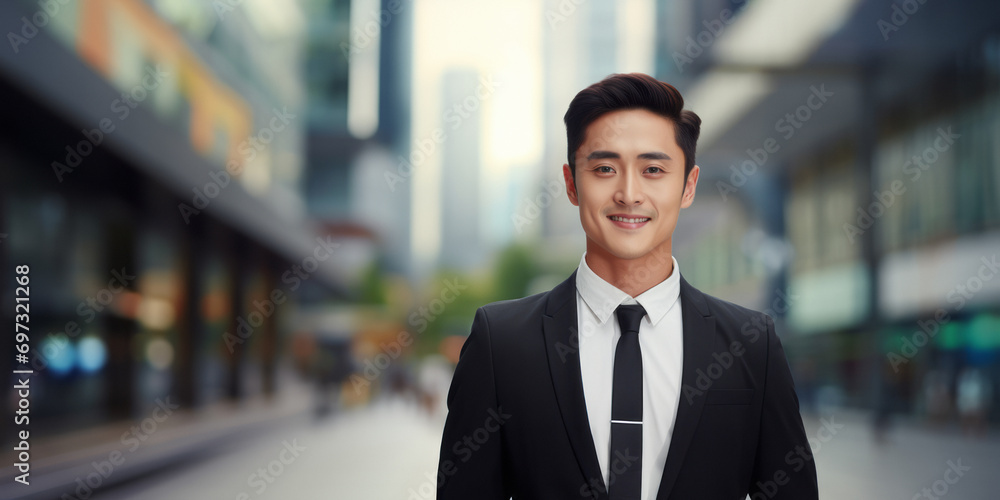 Handsome Asian businessman in elegant suit against the wide backdrop of city with a blurred background Handsome Asian businessman in elegant suit against the wide backdrop of city with a blurred background