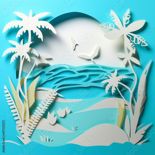 Generative AI illustrations, Abstract paper art of summer sea scenery with sea water splashing and beach.