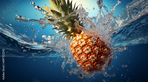 Fresh pineapple falls under blue water, with splashes and air bubbles photo